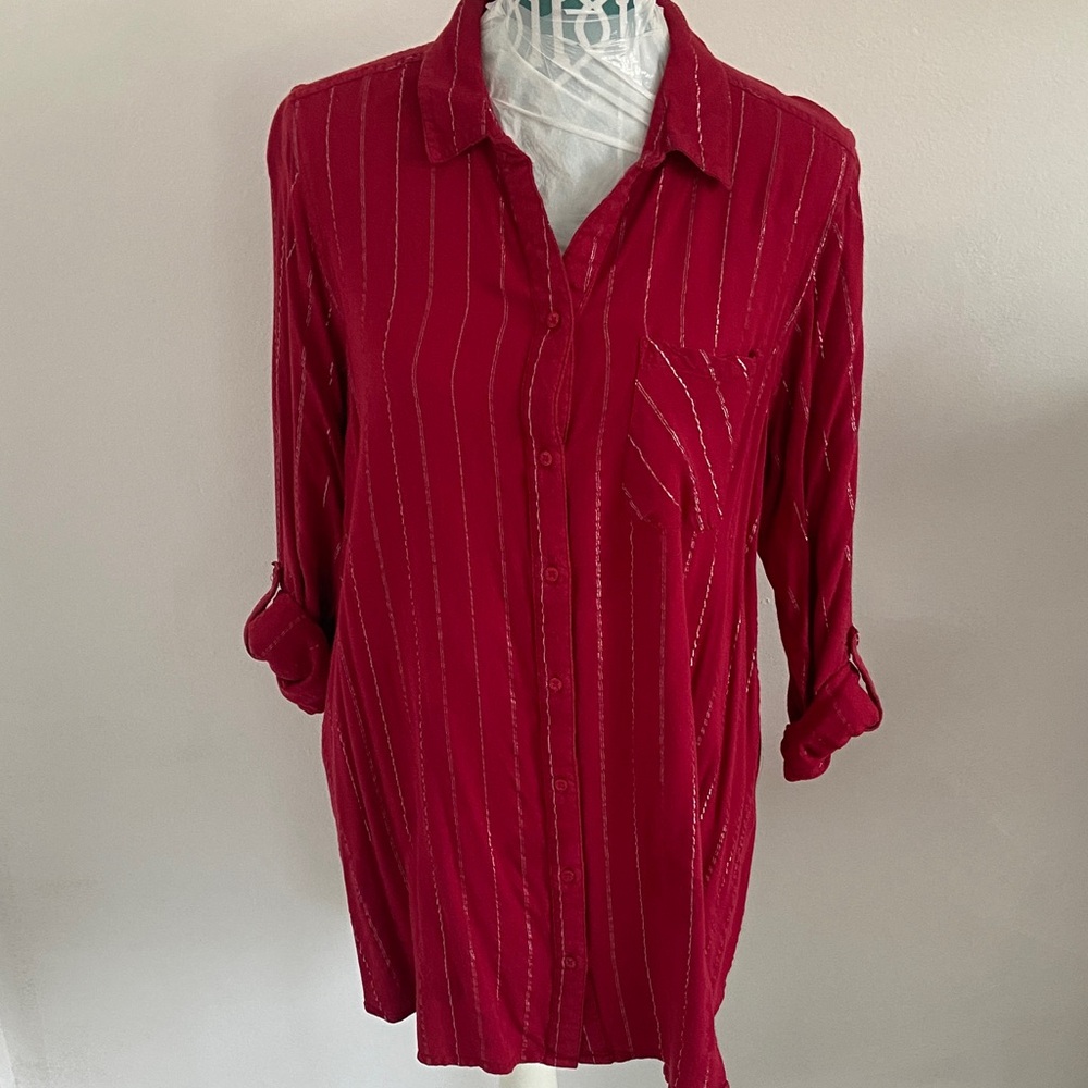 Red and Gold Striped Button-Up Shirt